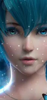 Blue-haired fantasy girl in mystical artwork.