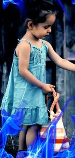 Young girl in a blue dress amidst glowing blue light, creating an enchanting scene.