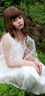 Young girl in white dress, sitting in lush greenery.