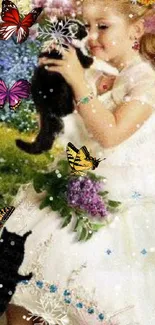 Girl in white dress with butterflies and a cat in a colorful garden.