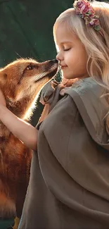 Girl with fox, nature-themed mobile wallpaper.