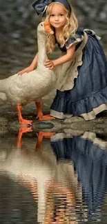 Young girl in vintage dress beside goose with reflection in water.