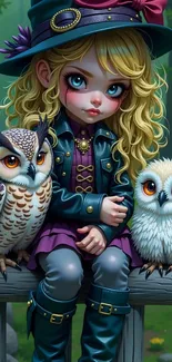 Whimsical girl with two owls in fantasy setting.