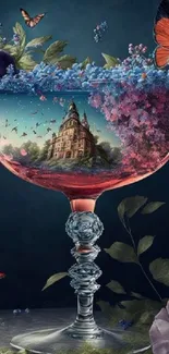 Mobile wallpaper of a castle in a glass chalice with butterflies and flowers.