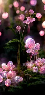 Dreamlike pink blossom wallpaper with glowing, bokeh-effect flowers.