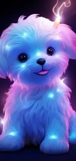 A glowing puppy with neon pink and blue fur, sitting happily.