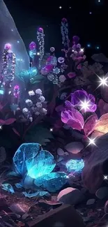 Fantasy scene with glowing plants and rocks in a mystical forest setting.