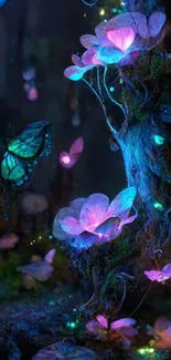 Enchanting glowing forest wallpaper with butterflies and glowing flowers.