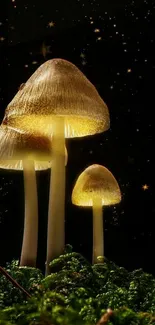 Glowing mushrooms under a starry night sky.