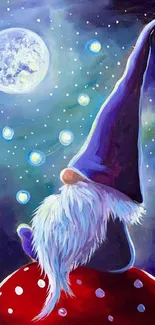 Whimsical gnome beneath a starry night sky.