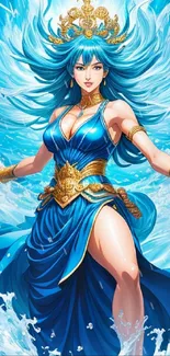 Goddess artwork in vibrant blue waves accentuated with gold embellishments.