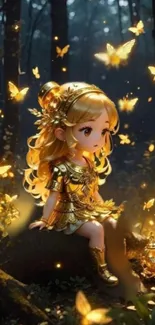 Golden fairy surrounded by butterflies in forest.