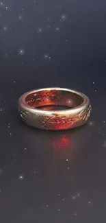 Mystical gold ring on dark background, fantasy theme mobile wallpaper.