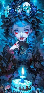 Blue-haired gothic girl with skulls and a candlelit cake.