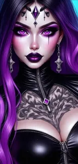 Gothic artwork of woman with purple hair and intricate tattoo.