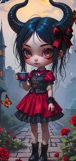 Gothic fantasy artwork with character and red dress surrounded by roses.