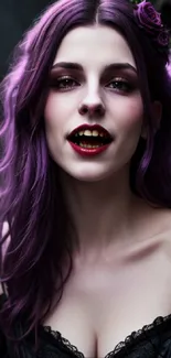 Gothic woman with purple hair and enchanting look.