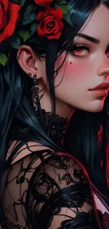 Gothic lady with dark hair surrounded by red roses, wearing lacy attire.