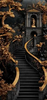 Gothic staircase with gold accents and a mystical atmosphere in dark hues.