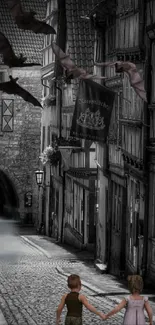 Gothic street with children and bats in a monochrome scene.