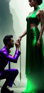 A man kneeling and holding hands with a woman in green, set in a mystical scene.