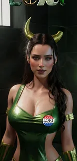 Fantasy woman in green and gold cosplay with horns.