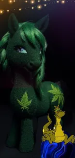 Green mystical pony with leaf motifs under twinkling lights at night.