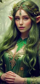 A stunning green elf with long hair in a magical forest setting.