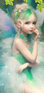 Green fairy with ethereal wings on a magical background.