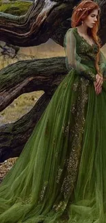 Woman in long green dress standing by a tree in the forest.