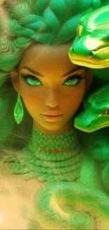 Green-themed digital art of a goddess with serpents.