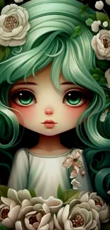 Enchanting green-haired girl surrounded by white flowers.