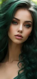 Green-haired woman portrait with striking eyes.