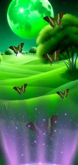 Green fantasy landscape with glowing moon and butterflies.