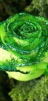 Green rose with glitter on leafy background.