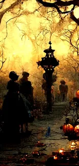 Halloween forest with glowing pumpkins and mysterious silhouettes.