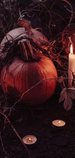 Dark Halloween scene with pumpkins and candles glowing in the night.