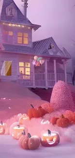 Pink Halloween cottage with glowing pumpkins and autumn vibes.