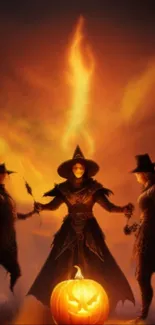 Three witches with a glowing pumpkin set against a fiery orange background.