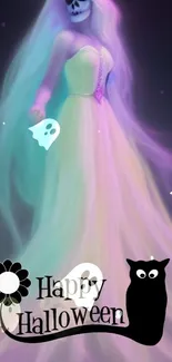 Fantasy ghost in a colorful gown with Happy Halloween text and spooky details.