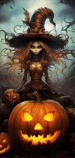 Mysterious Halloween witch with glowing pumpkins under a full moon.