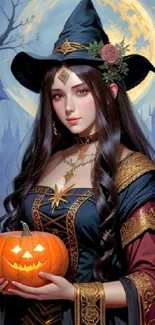 Halloween witch holding a glowing pumpkin with a moonlit backdrop.