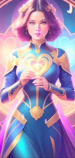 Mystical woman with heart energy in vibrant fantasy wallpaper.