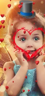 A cute fairy girl with heart wings surrounded by floating red hearts.