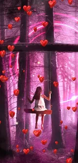 Girl on swing in a mystical, heart-filled purple forest.