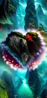 Heart-shaped fantasy landscape wallpaper.