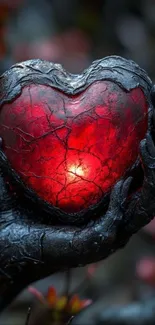 Glowing red heart held in textured artistic hands.