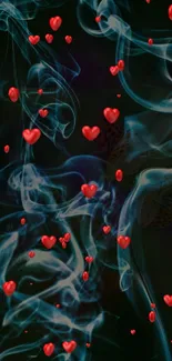 Red hearts floating in blue smoke on dark background.