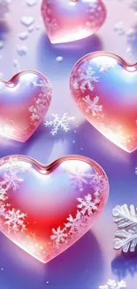 Mobile wallpaper with hearts and snowflakes in a pink-purple gradient.