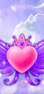 Pink heart with purple wings on a celestial background.